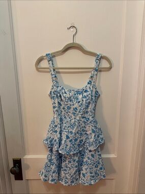 Blue Floral Summer Sundress with Ruffled Skirt